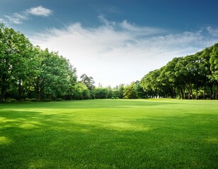 A serene landscape featuring a green lawn with tall, leafy trees in the background.