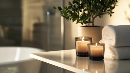 In a gently lit bathroom, a white table is set with glass candle holders, casting warm flames, a cotton towel, and a small potted plant, forming a peaceful, spa-like space.