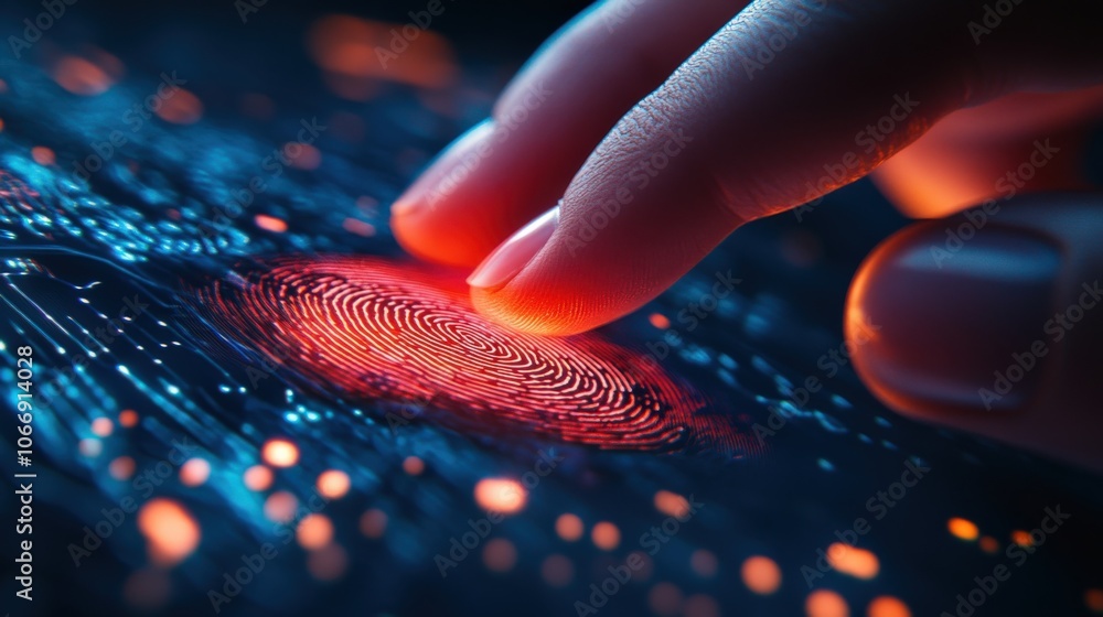 Poster a hand is positioned over a digital surface, actively scanning a fingerprint to unlock a device, sho