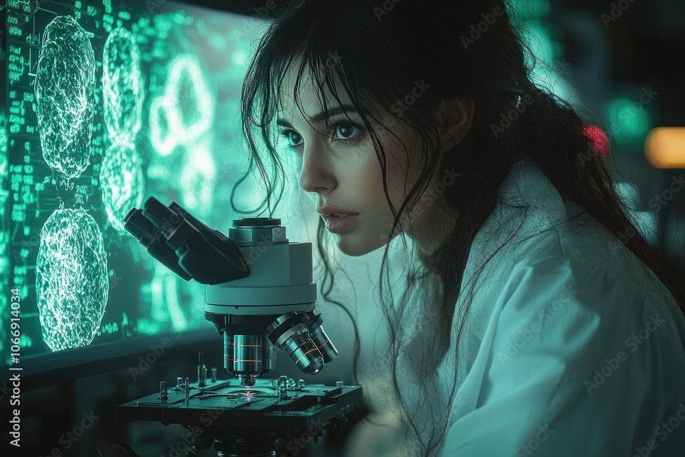 Poster a woman examining a sample under a microscope in a laboratory