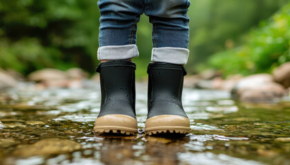 A child stands in a shallow stream, wearing black rubber boots and rolled-up jeans, surrounded by nature and greenery.