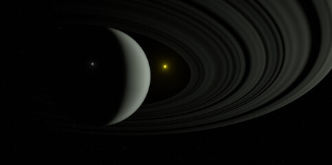 3d representation planet rings yellow star and explosion in the atmosphere