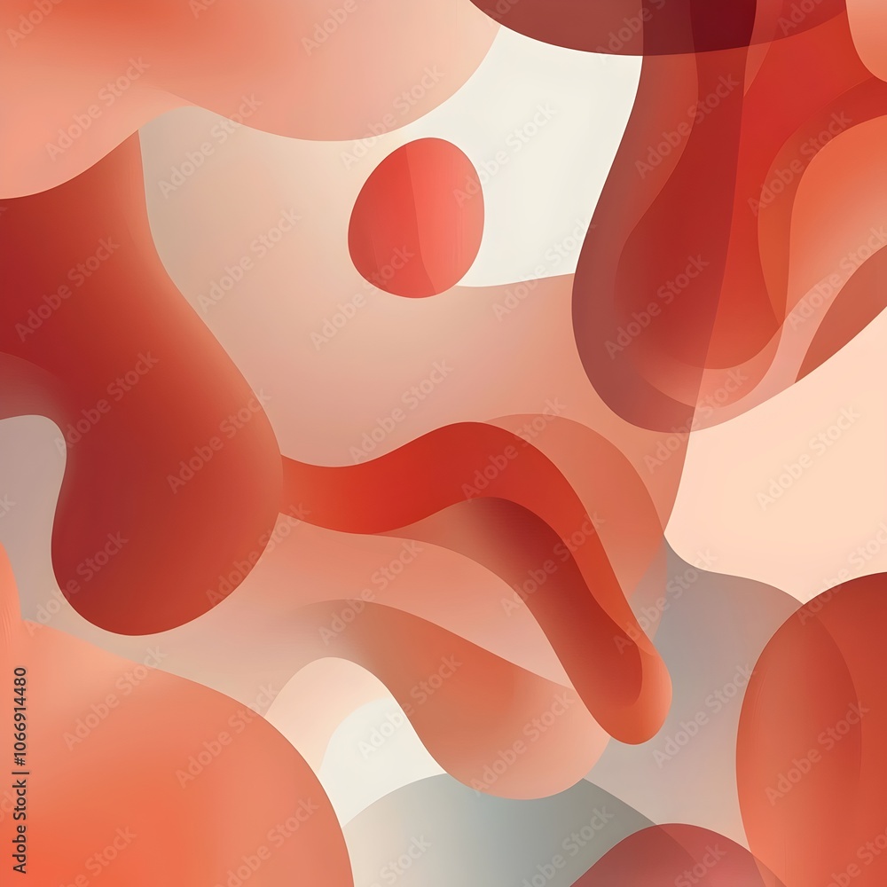 Poster an abstract composition of flowing shapes in warm red and peach tones, creating a smooth and harmoni
