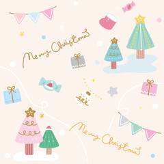 Cute hand drawn illustration Merry Christmas elements packaging wrapping paper promotional stickers