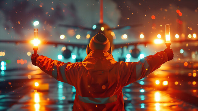 Back angle view of a marshaller holds a light stick to guide the pilot to park the plane.