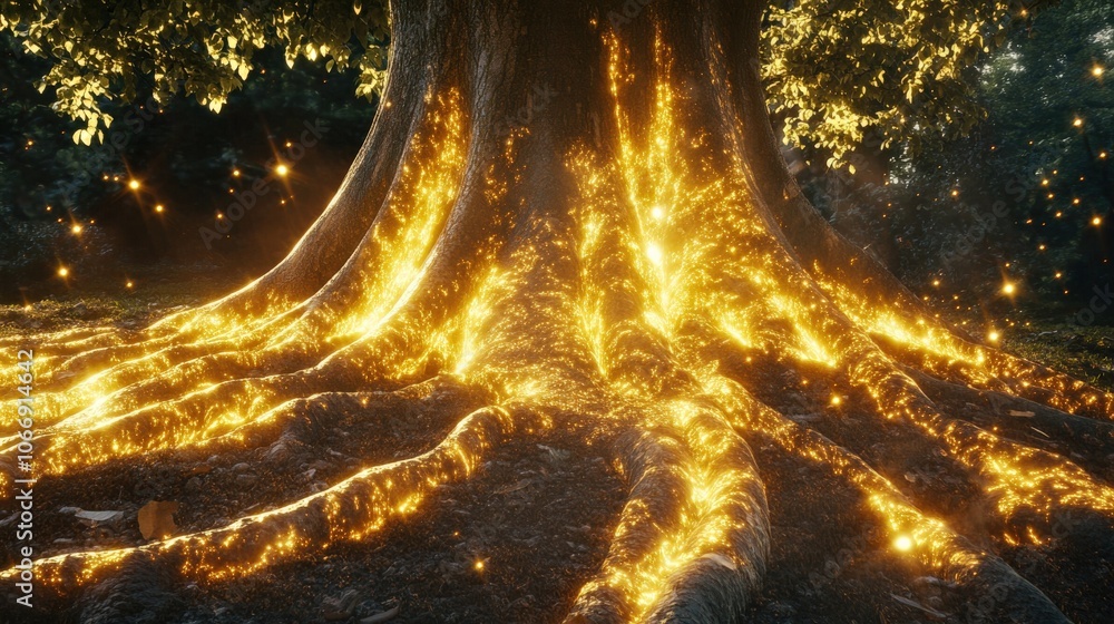 Poster the roots of a majestic tree are aglow with an enchanting golden light, creating an otherworldly atm