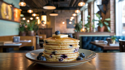 Naklejka premium Stack of fluffy pancakes topped with honey and butter on a plate, in a warm restaurant setting, perfect for breakfast, brunch, or cozy dining themes. 