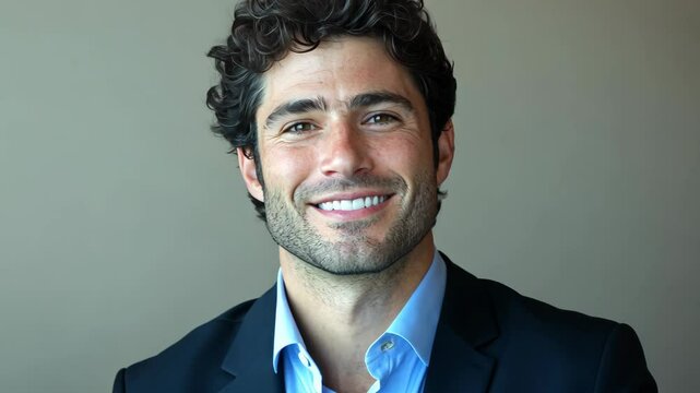 A man with curly hair and a blue shirt smiles at the camera while wearing a suit jacket