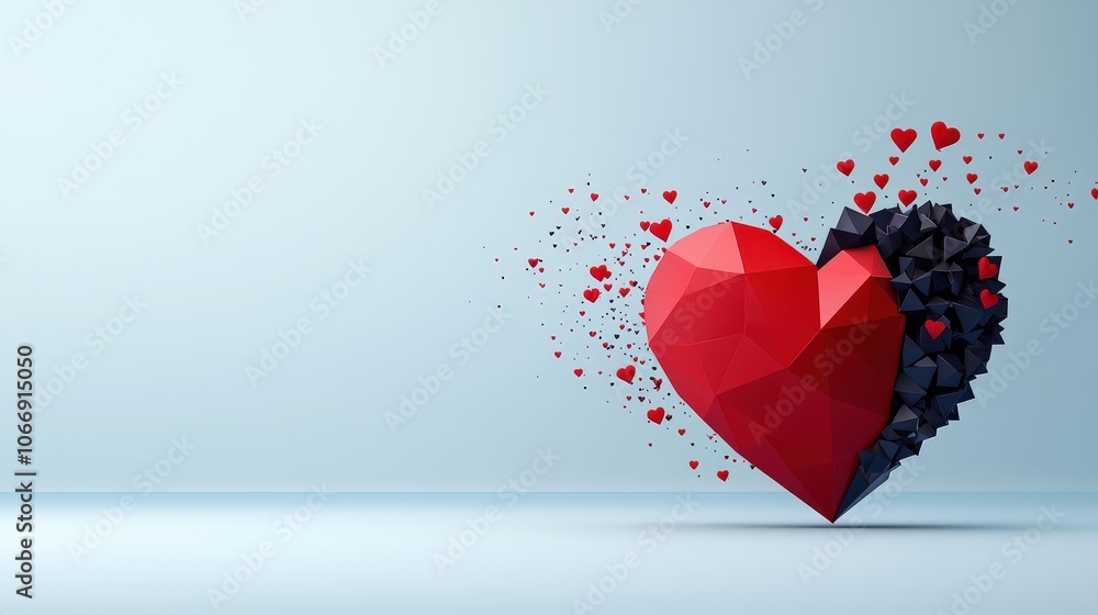 Poster a unique geometric heart background filled with intricate patterns and angular shapes, ideal for add