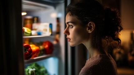 A young woman gazes pensively into an open refrigerator filled with fresh produce during a late evening at home