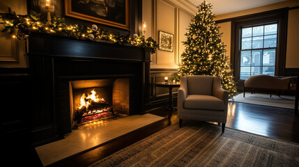 Charming fireplace draped with twinkling lights, a beautifully decorated tree in the background, and holiday ornaments adding warmth and a festive glow to the cozy room.