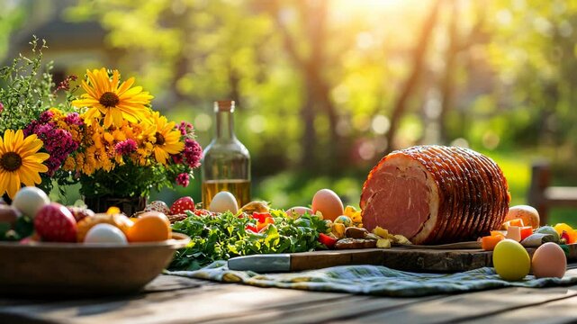 A spring Easter feast is spread out on a wooden table with ham, eggs, and flowers