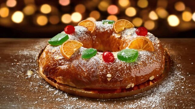 Traditional Rosc&oacute;n de Reyes with candied fruits and sprinkled icing sugar on an antique wooden table against a background of warm bokeh lights softly flickering. Typical Spanish Christmas dessert