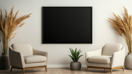 Elegant Scandinavian-inspired room with two light-colored armchairs, a large black-framed poster on a white wall, and carefully curated minimalist decor, exuding warmth and a sleek