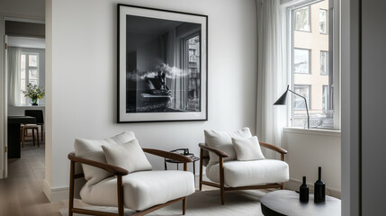 Bright Scandinavian living room with two cozy plush armchairs facing a large framed poster on a crisp white wall, accented by minimalist decor, soft textures, and warm tones for a