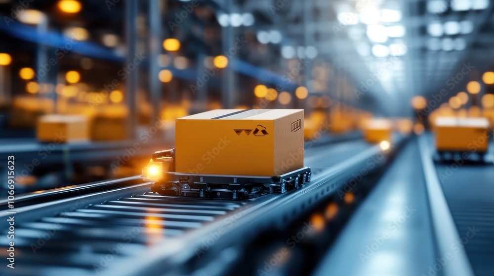 Poster automated conveyor belt system in a modern logistics warehouse with packages and parcels moving alon