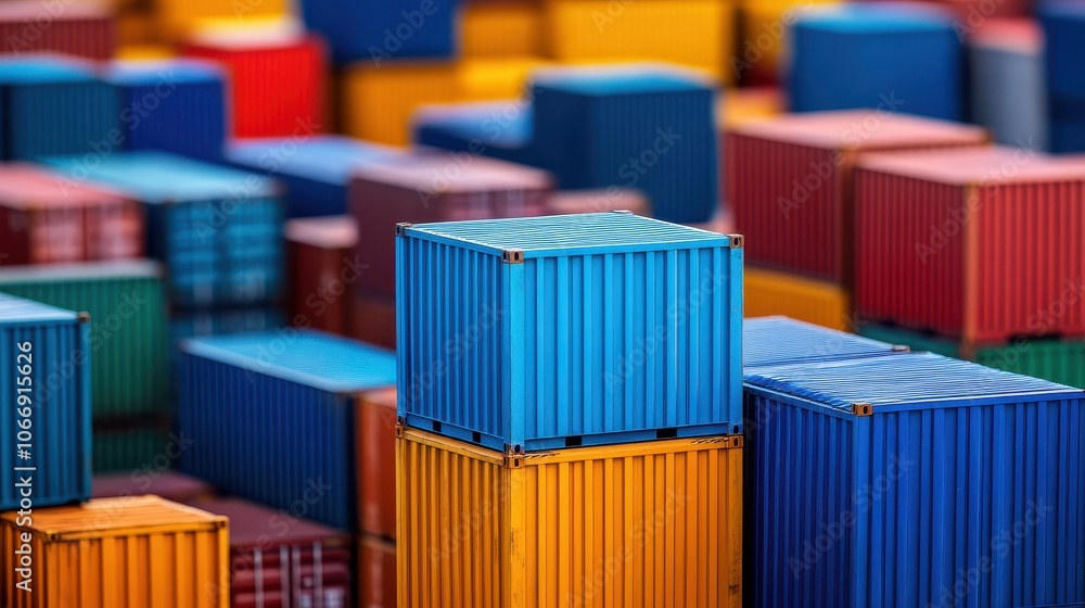 Poster aerial view of neatly stacked multicolored cargo containers in a busy shipping yard representing the