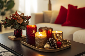 Elegant holiday-themed living room decor featuring a cozy arrangement of lit candles on a golden tray, complemented by festive ornaments and a vase of seasonal foliage, creating a warm ambiance.