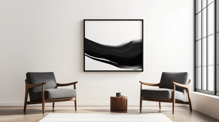 Scandinavian-inspired living room with two inviting armchairs, a large framed artwork on a pristine white wall, and touches of cozy decor in a harmonious and understated design.