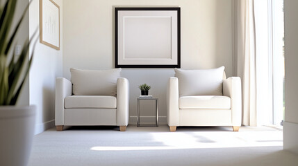 Inviting Scandinavian-style living room with two plush armchairs in neutral tones, a large framed print as the focal point, and sleek decor accents set against a bright white wall.