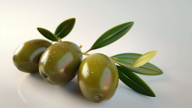 Close view of olive with leaves, isolated on white background.