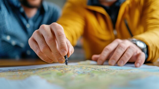 Close up view of adventurer s hands pointing on a detailed travel map while planning an upcoming outdoor expedition or trekking adventure  The map shows mountainous landscape routes