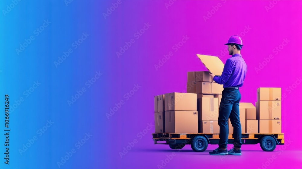 Poster delivery worker in uniform loading and transporting stacked cardboard boxes and parcels using a trol