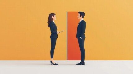 Obraz premium A professional interaction between a man and a woman in business attire, standing before an orange door in a vibrant, minimalist room.