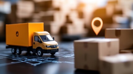 Delivery truck on city street with location tracking icon and warehouse storage boxes in the background representing the logistics and distribution industry transportation and commerce