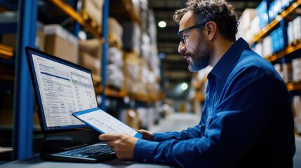 Corporate Logistics Manager Reviewing Data Analytics and Optimizing Supply Chain on a Computer in a Warehouse Facility  Logistics Distribution Inventory and Workflow Management Concepts