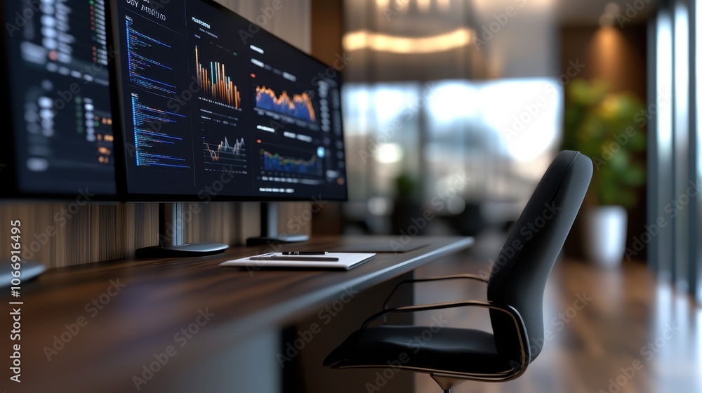 Aufkleber financial data and market information displayed on multiple computer monitors in a well organized an