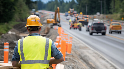 On a bustling highway construction site, a worker in safety gear focuses on securing beams, surrounded by excavators, concrete mixers, and orange safety barriers, highlighting the