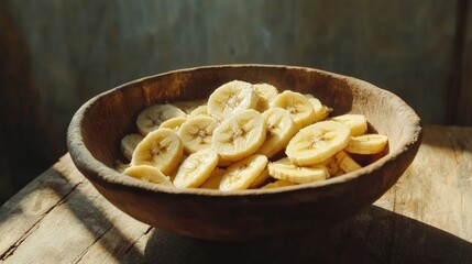 Sliced Banana Chips in Rustic Bowl with Warm Lighting