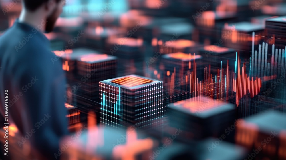 Aufkleber futuristic urban skyline with glowing 3d data visualization representing the dynamic and ever evolvi