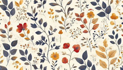 A vibrant floral pattern showcasing various flowers and leaves in warm tones