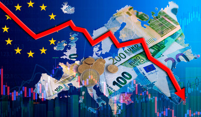 Fall of the euro on the European map. Concept of falling value of the euro