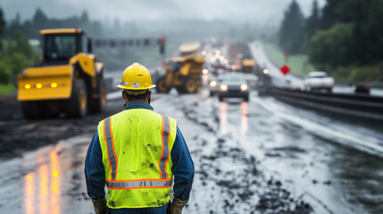 On a busy highway construction site, a worker in protective gear surveys the scene, with bulldozers and cement mixers operating in the background, highlighting the organization and