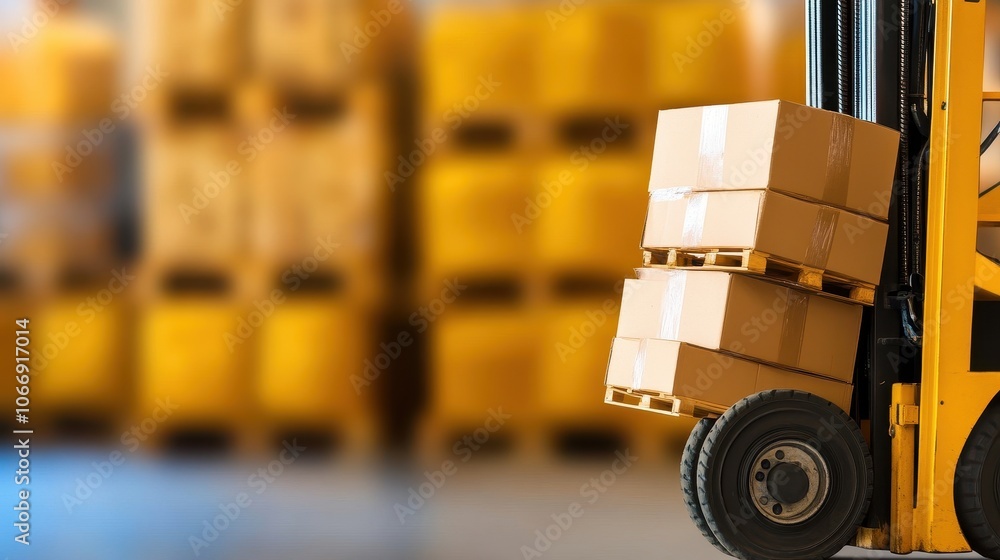 Poster interior of a busy warehouse or distribution center with stacked pallets crates and boxes of various