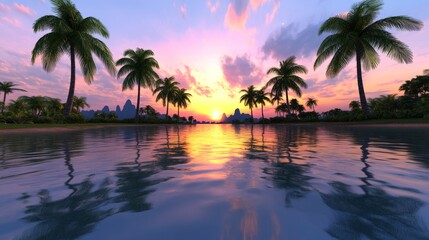 Fototapeta premium Sunset Over Tropical Lagoon with Palm Trees and Mountains