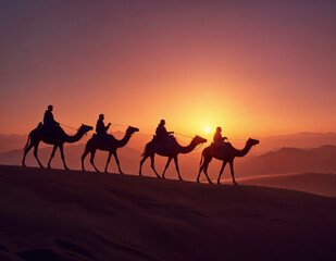 silhouette of four of the Magi is riding camels in the desert at sunset