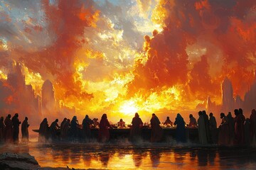 Silhouetted Figures at a Long Table with a Fiery Sky Behind Them