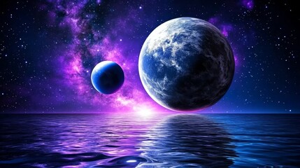 Naklejka premium Cosmic Landscape Two Planets Above Purple Ocean with Stars and Nebula