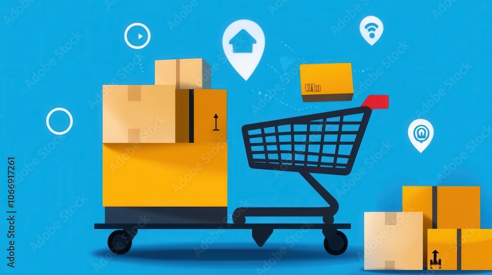 Poster minimalist depicting the process of online shopping from adding items to a virtual shopping cart to 