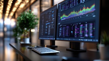 Multiple computer screens displaying dynamic financial data analytics graphs and charts in a modern minimalist office workspace with a blurred plant in the foreground