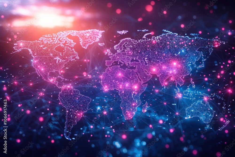 Poster A Digital World Map with Interconnected Nodes and Glowing Points