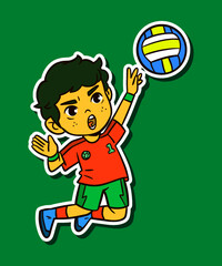 Kid Playing Volleyball Doodle Sticker Illustration