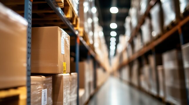Organized warehouse interior with tall metal shelves stacked with cardboard boxes and packages for storage distribution and logistics Concept of efficient inventory management and product delivery