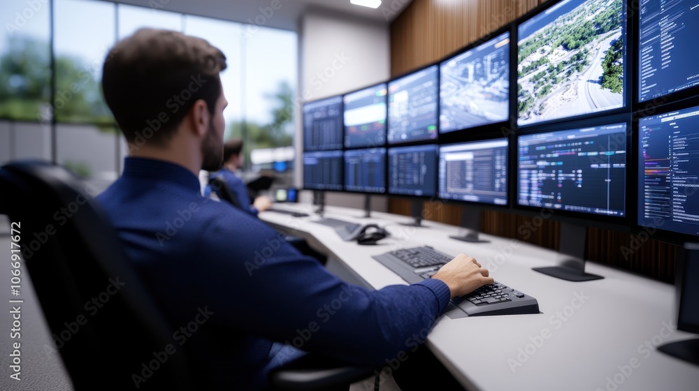 Aufkleber senior finance analyst reviewing financial data and tracking market trends on multiple computer scre