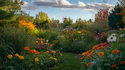 Lush garden in full bloom with vibrant flowers under a clear blue sky, showcasing a colorful array of wildflowers and greenery, creating a serene and picturesque landscape.
