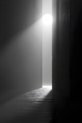 A narrow passage illuminated by a soft beam of light, creating an atmospheric and mysterious mood. The light source appears at the end, beckoning exploration.